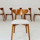 Set of 6 Dining Chairs, Light Beech Wood, White Bouclè Fabric, Modern 