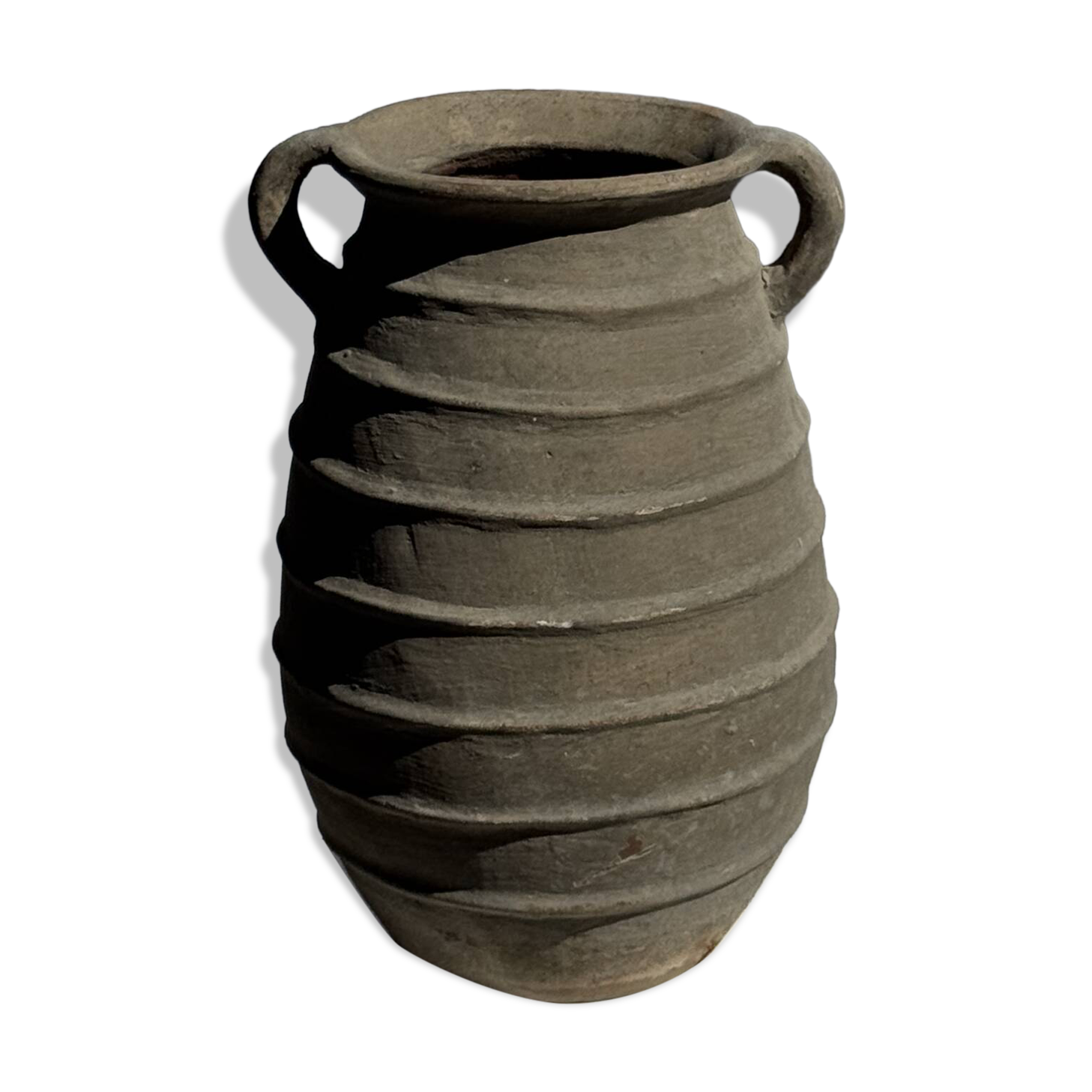 Large oval vase with double handles, featuring raised grey-beige stripes, H42 D28.