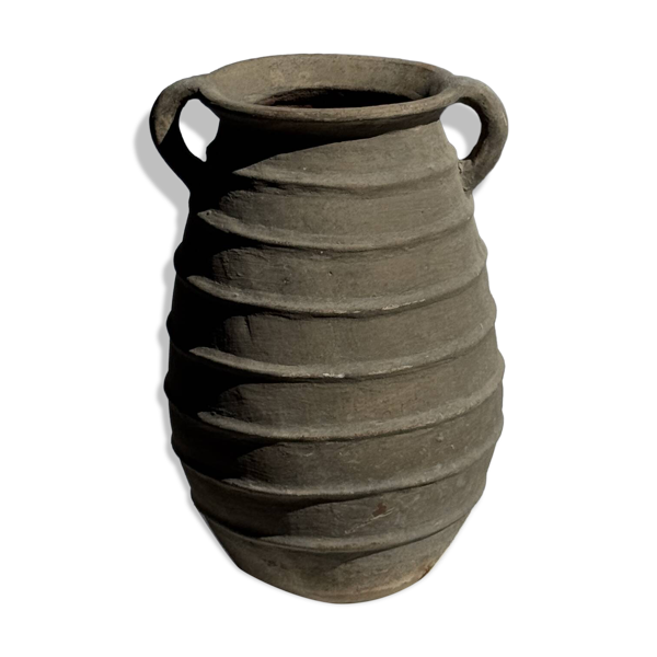 Grand vase à double anses ovoïde à stries en relief gris beige H42 D28