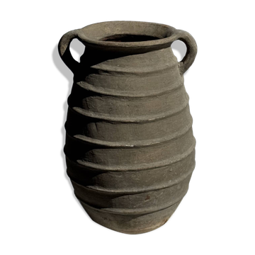 Large oval vase with double handles, featuring raised grey-beige stripes, H42 D28.