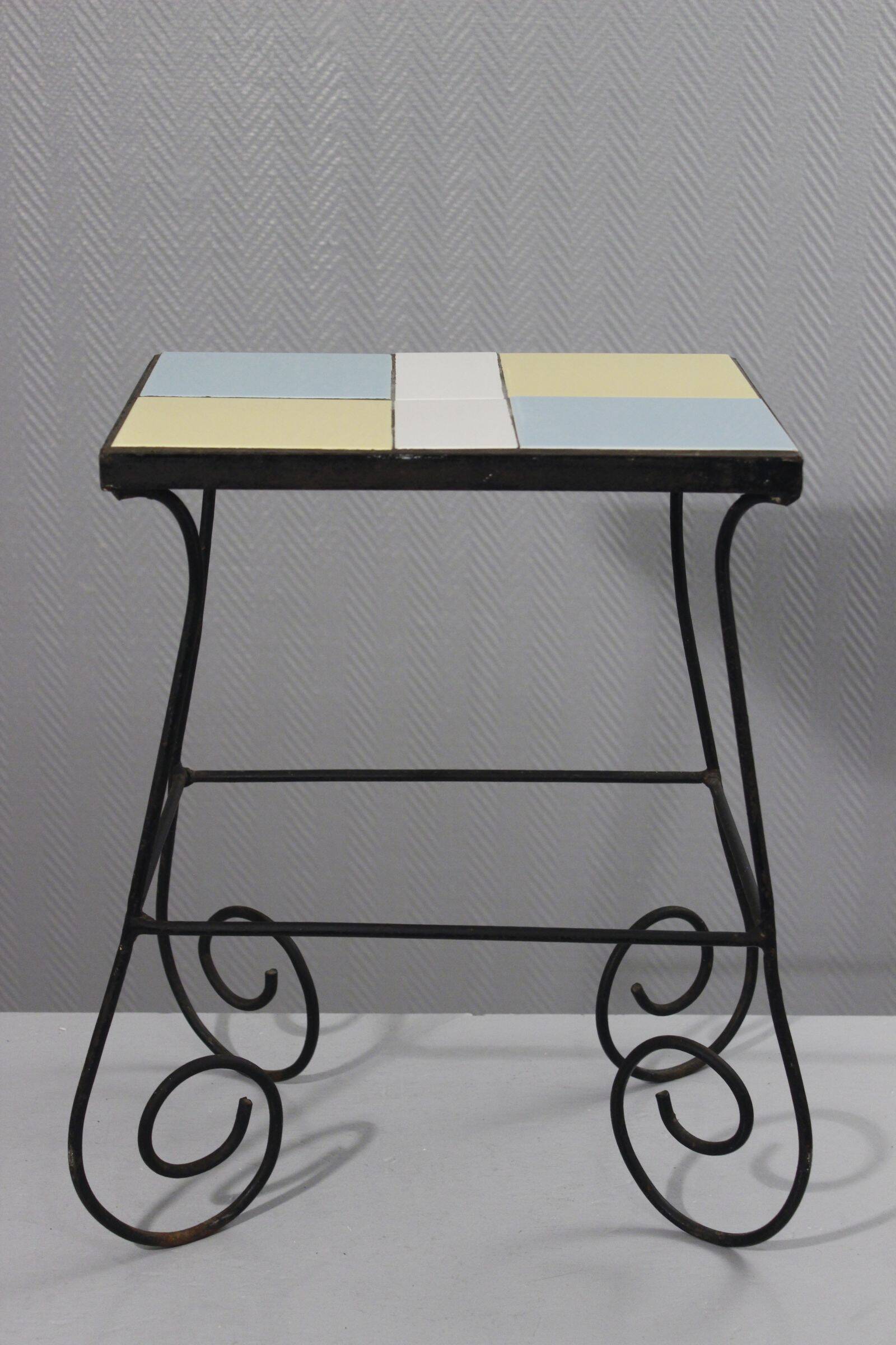 Vintage side table, wrought iron & ceramic tiles, 1950s design.