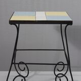 Vintage side table, wrought iron & ceramic tiles, 1950s design.