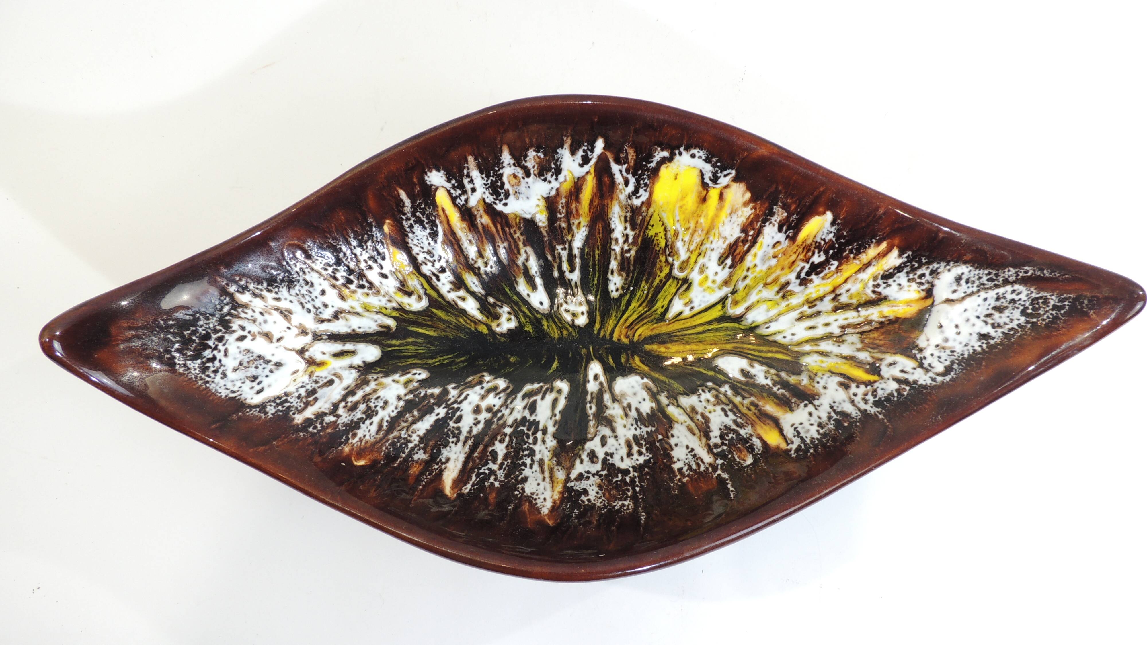 Vintage decorative dish in brown and yellow glazed ceramic from the 70s