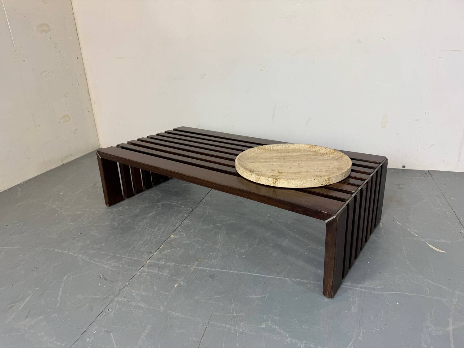 Mid Century Modernist wood and metal Slatted Bench Coffee Table