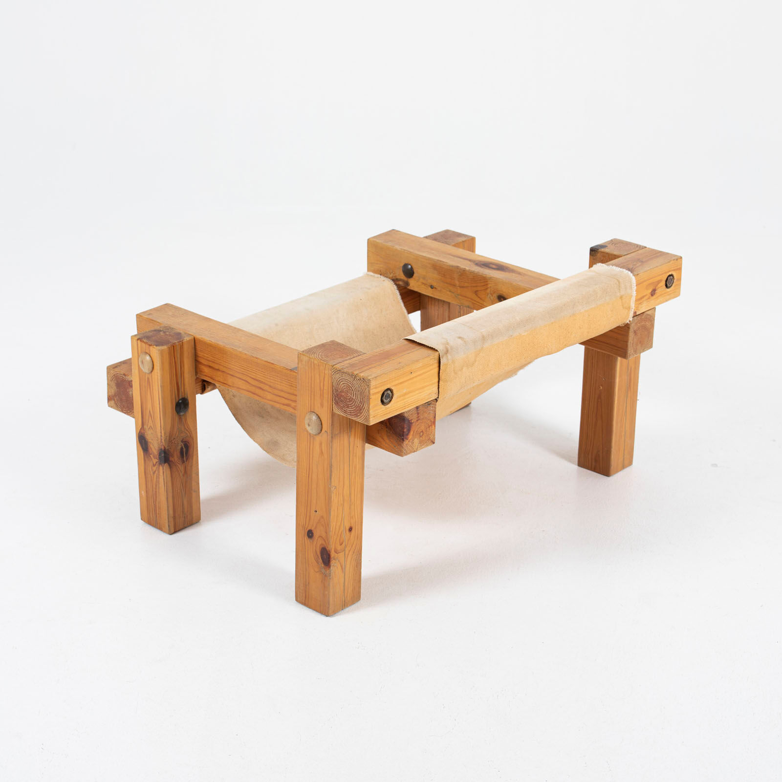 Pair of brutalist chairs in pine and canvas, 1970s