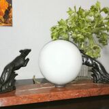 Art deco lamp, marble, globe, opaline and greyhounds in regulation, 1930