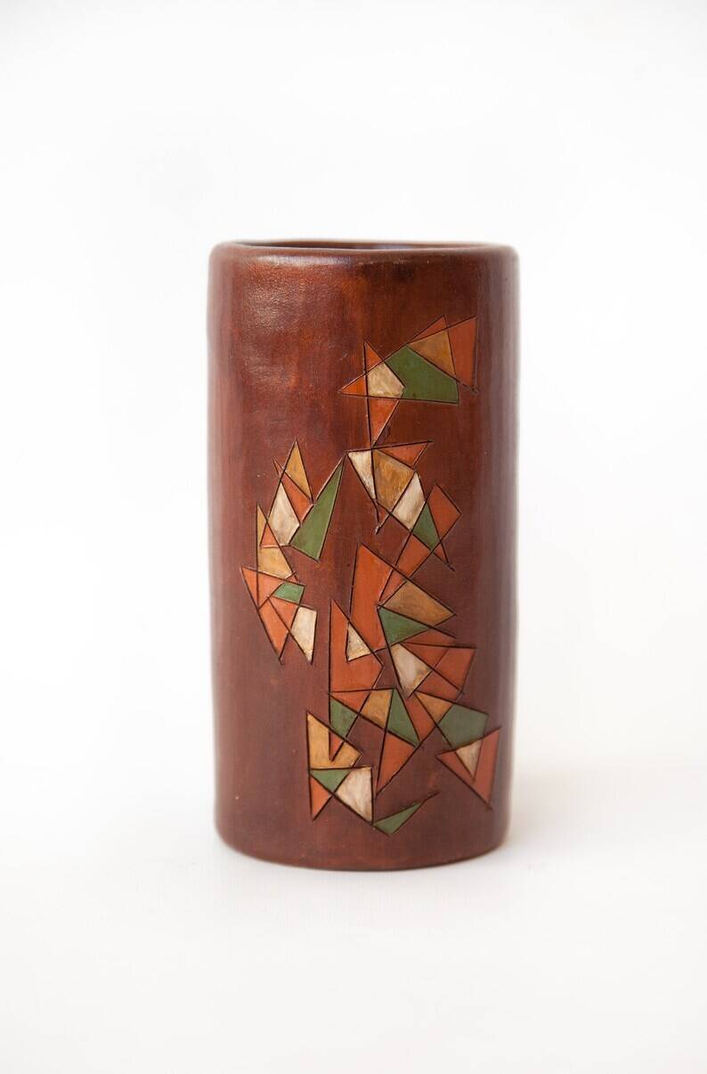 Cylindrical signed vase, pottery, modernist, hand painted, decorative vase, interior decor