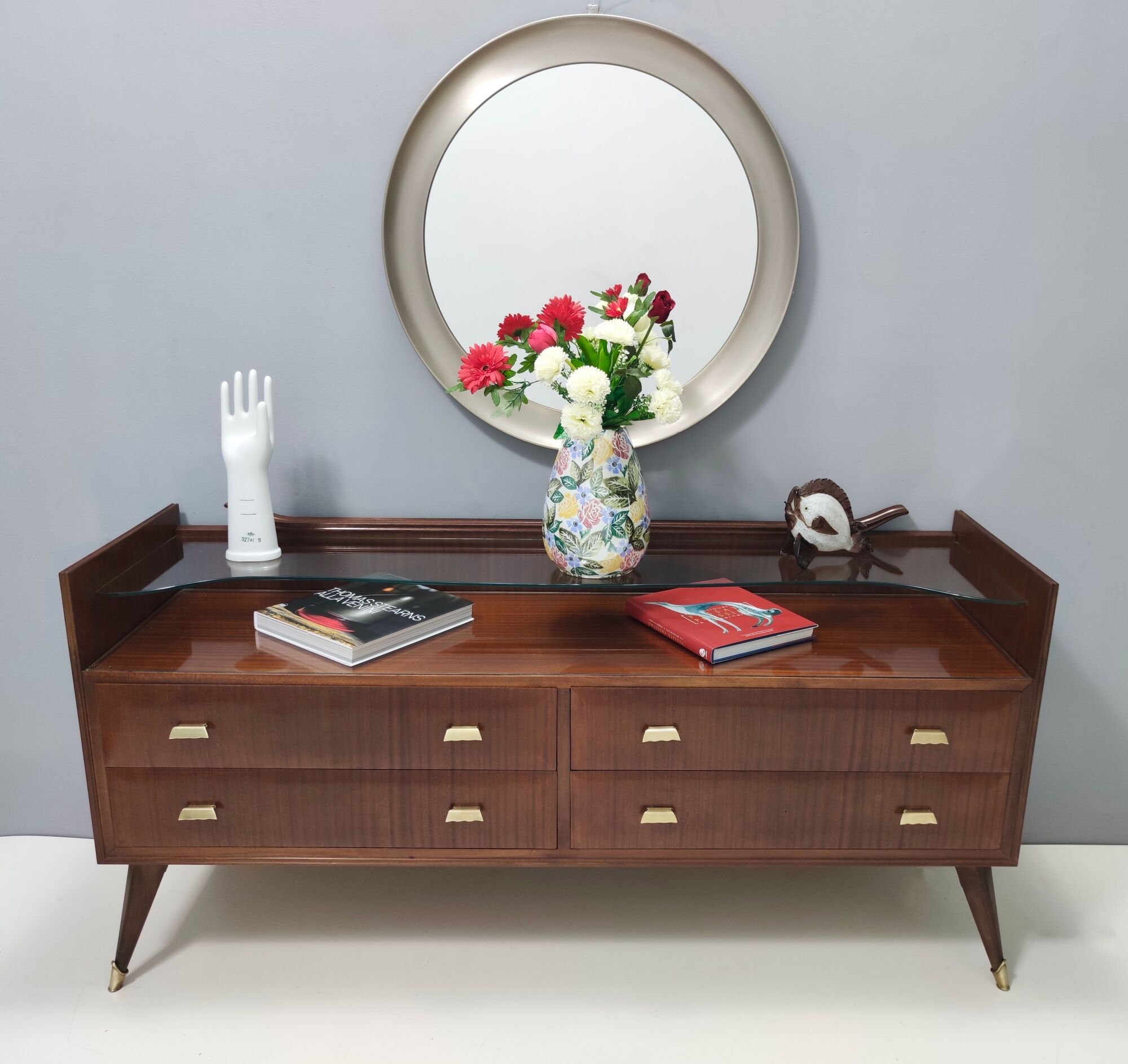 Walnut dresser with a thick glass top, italy
