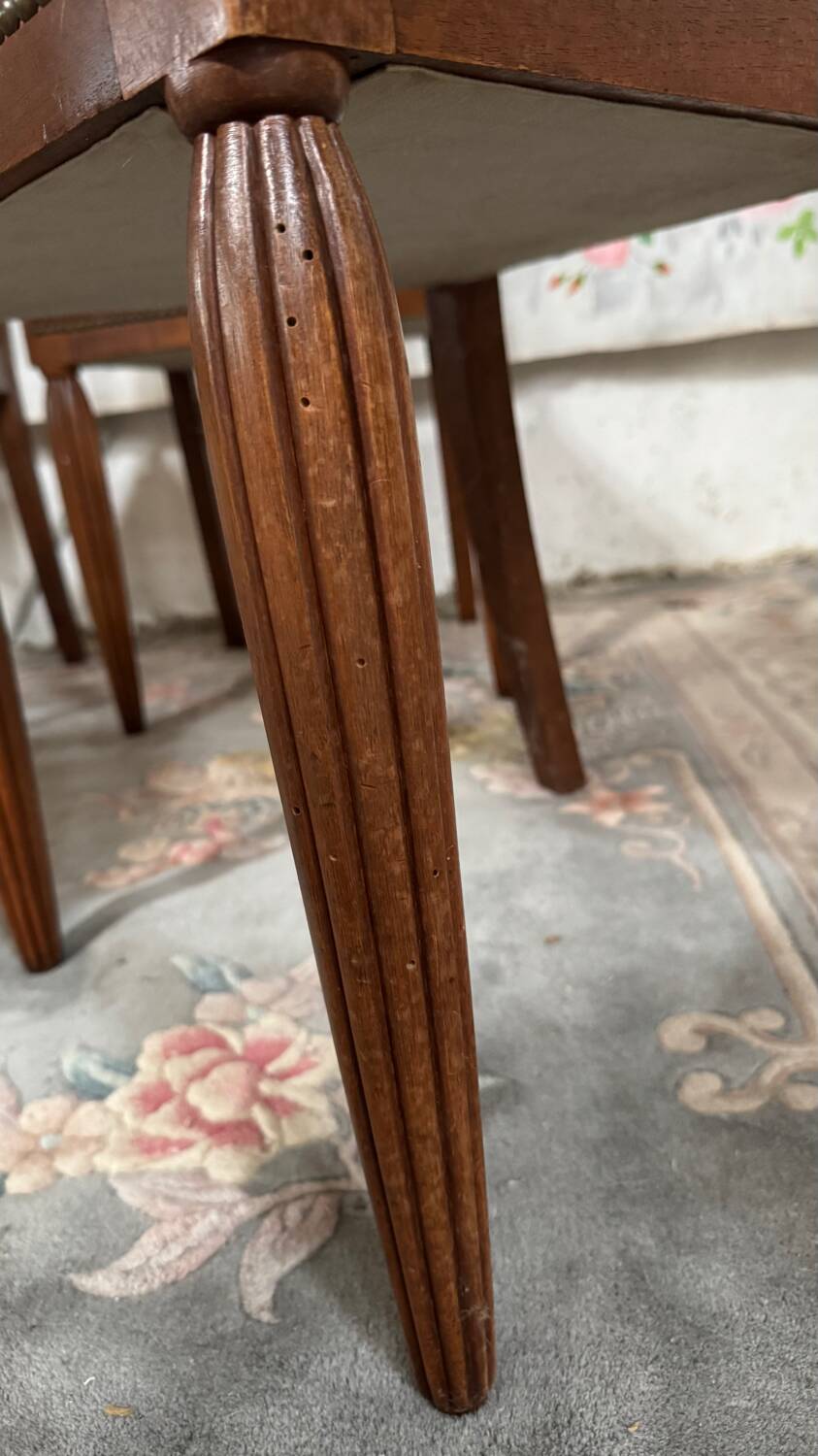 6 Art Deco walnut and leather chairs