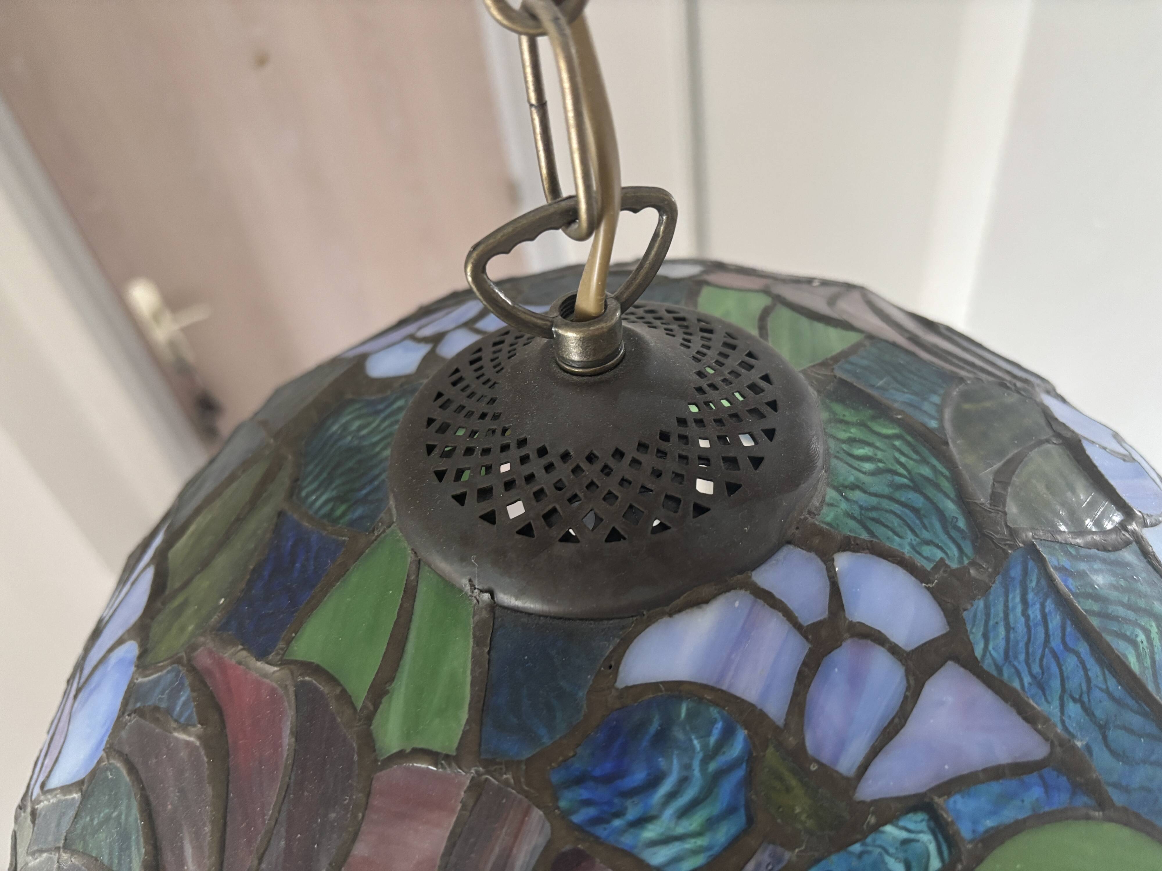 Tiffany-style floral stained glass pendant light in brass D40cm