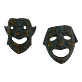 Pair of Small Decorative Bronze/Brass Greek Theatre Masks Wall Hangings, 19