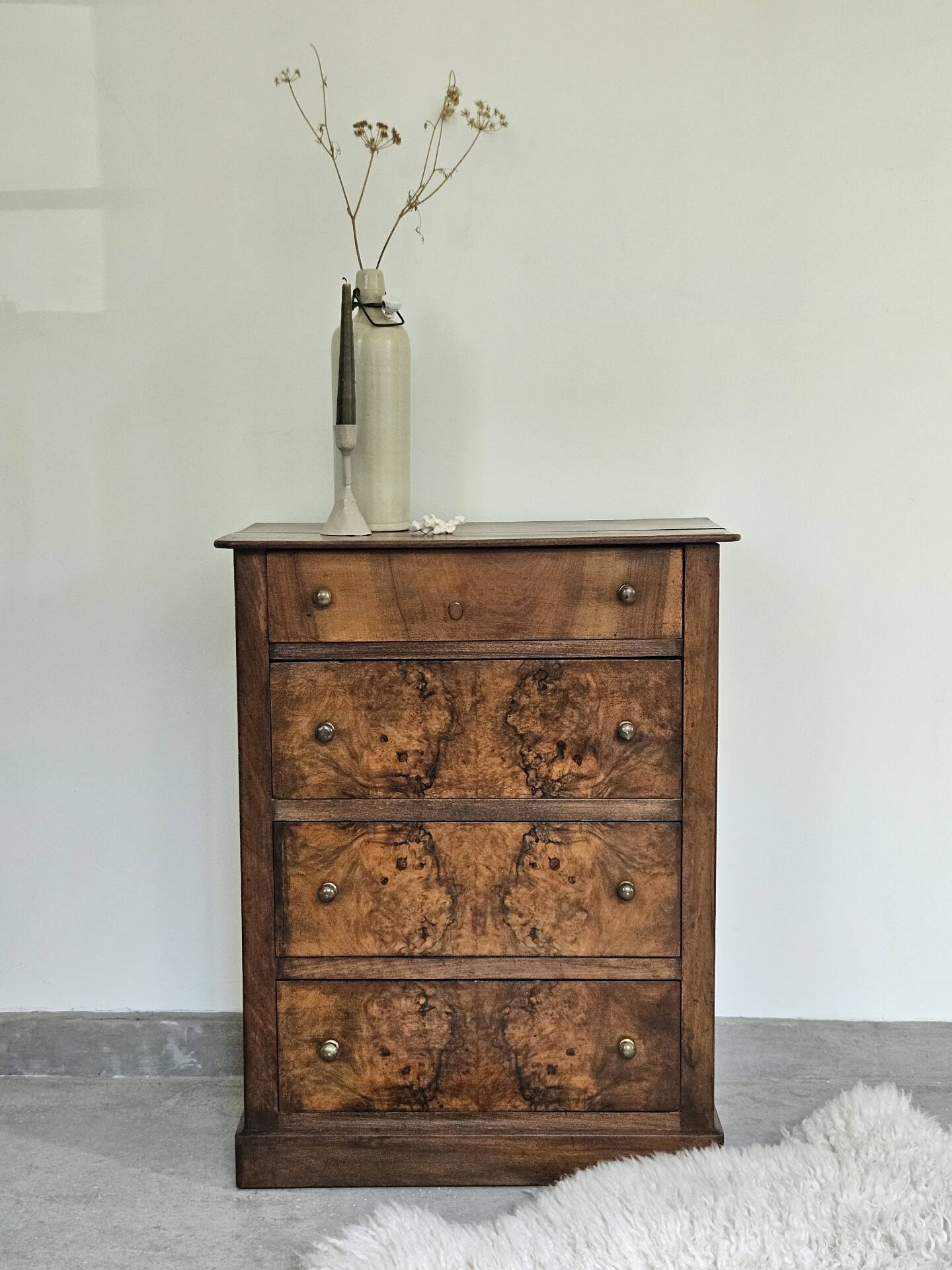 commode 4 tiroirs meuble rangement bois ronce de noyer ancienne vintag