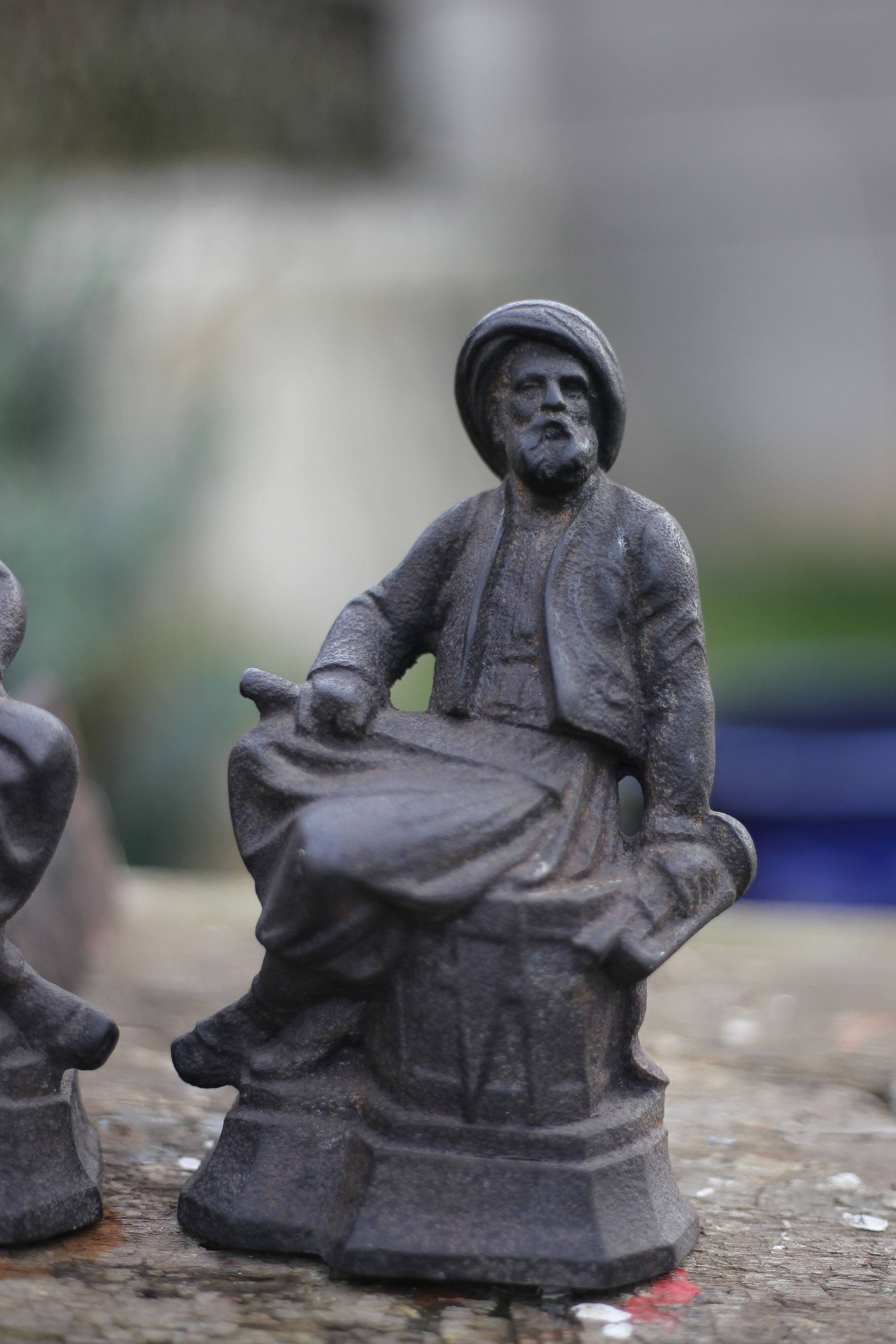 Pair of vintage fireplace andirons, anthropomorphic andirons, fireplace accessories