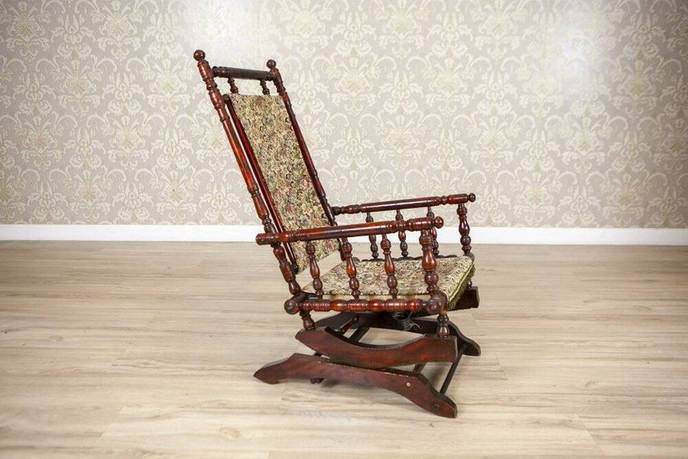 Antique Spring Rocking Chair in Floral Fabric, 1890s
