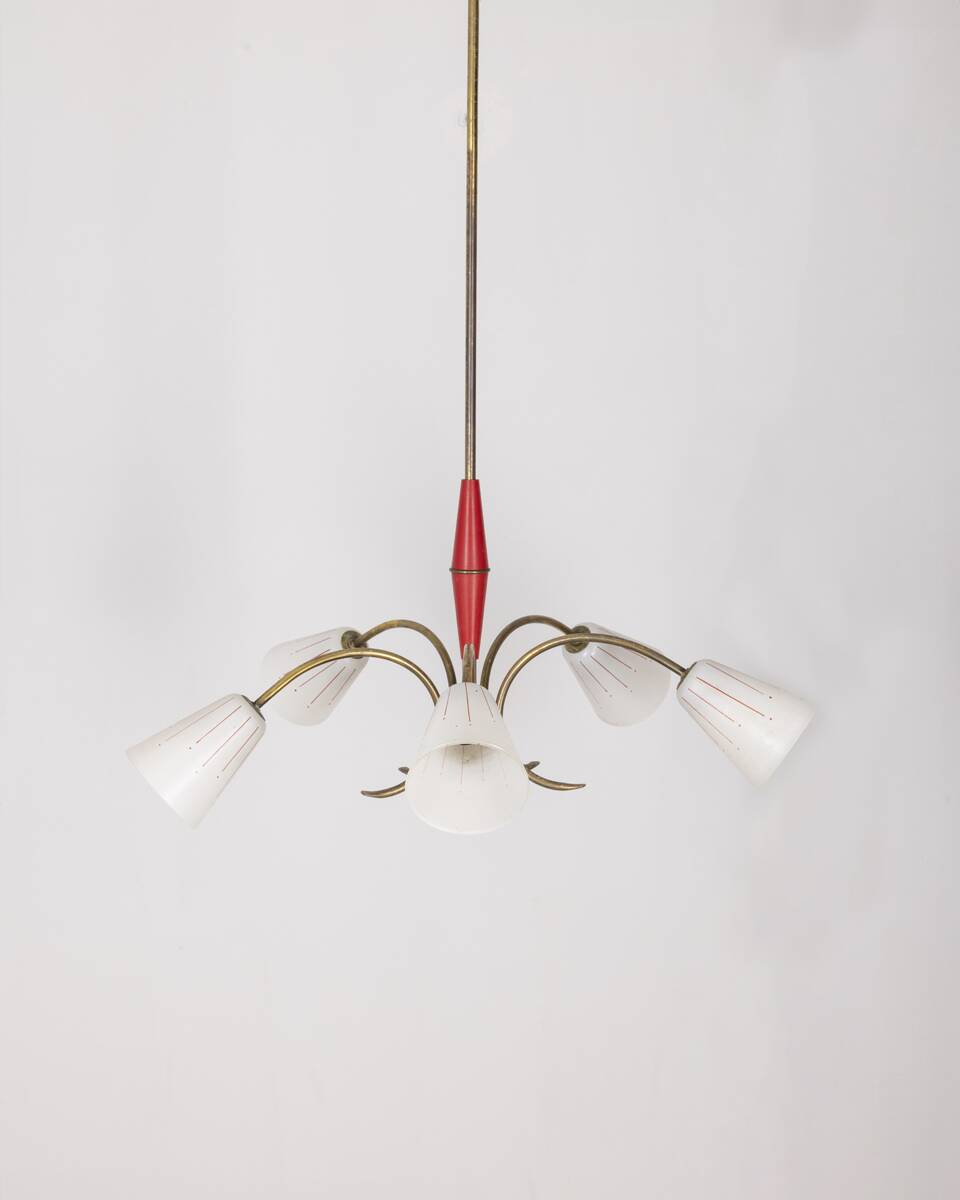 Vintage 60's chandelier, red metal and glass, italian design