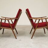 Pair of burgundy boomerang armchairs Antonin Suman Ton Bystrice (Thonet)