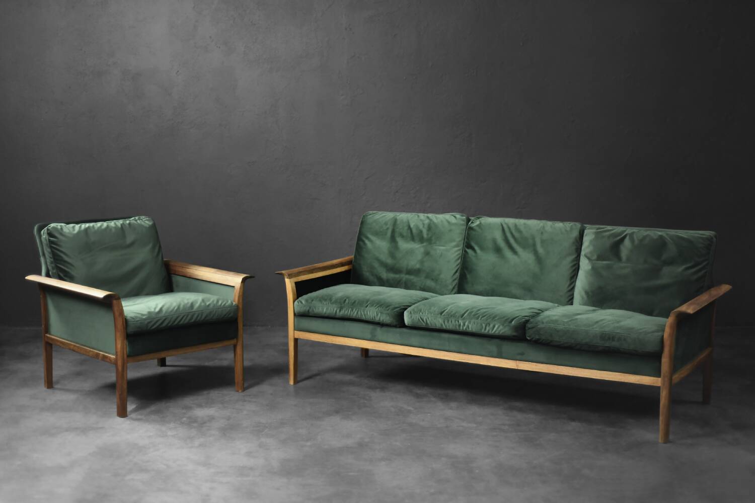 Vintage Mid-Century Modern Rosewood & Green Velour 3-Seater Sofa and Chair