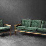 Vintage Mid-Century Modern Rosewood & Green Velour 3-Seater Sofa and Chair