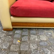 Art Deco 3-seater convertible sofa in genuine beige leather and red fabric from the 1980s.