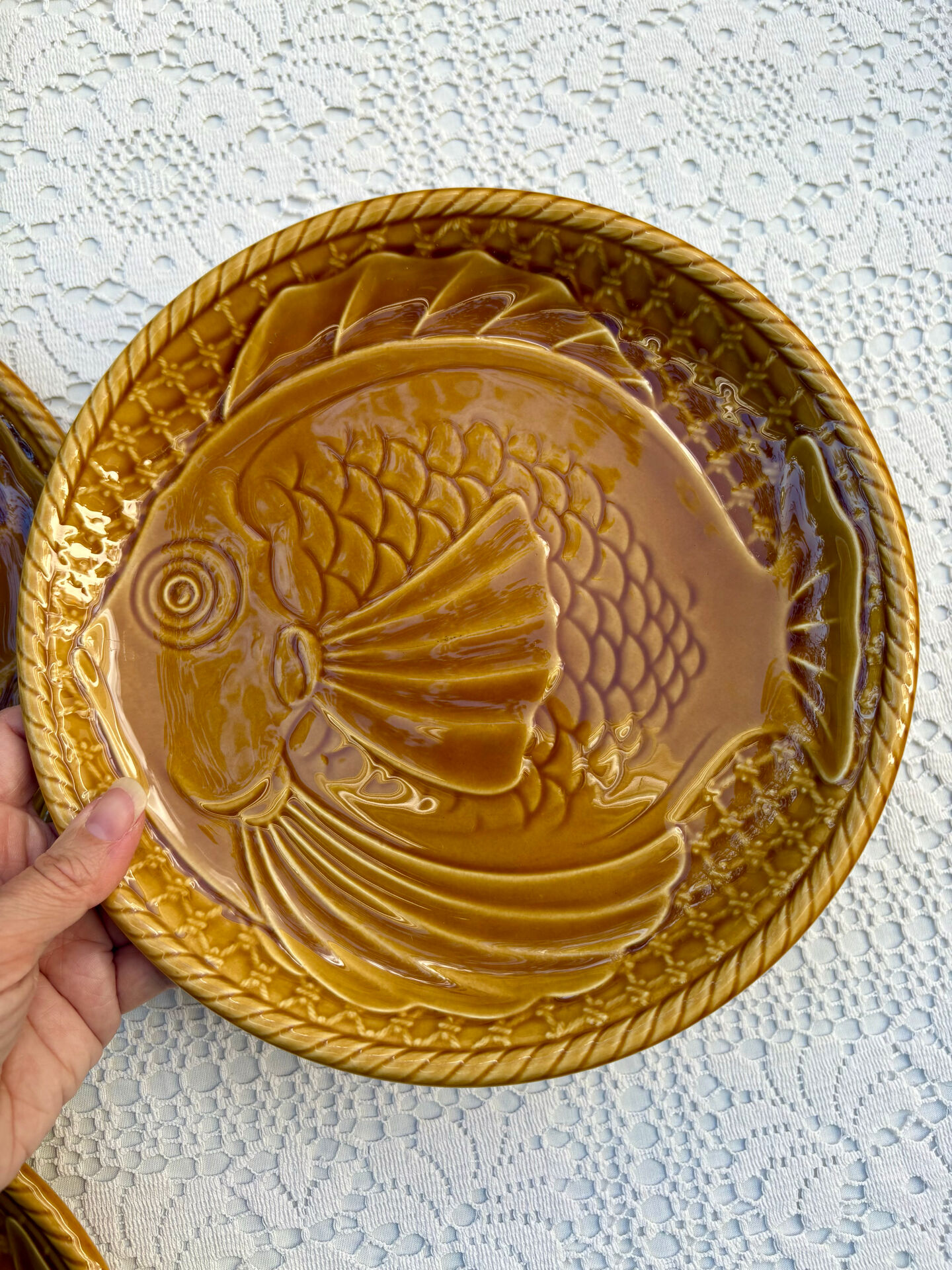 6 large barbotine plates gien fish