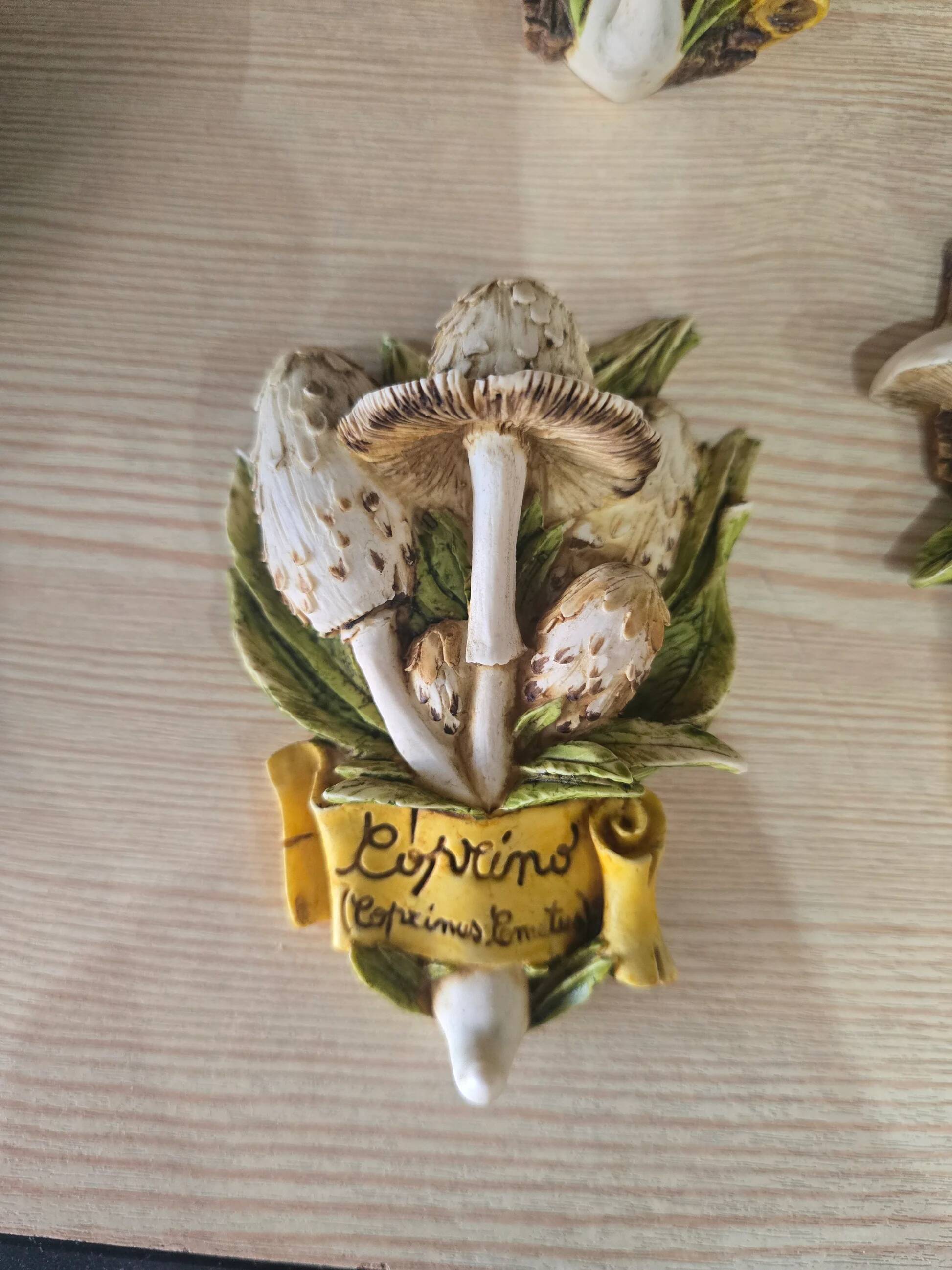Set of 4 decorative ceramic wall plaques featuring mushrooms (signed) - 14cm