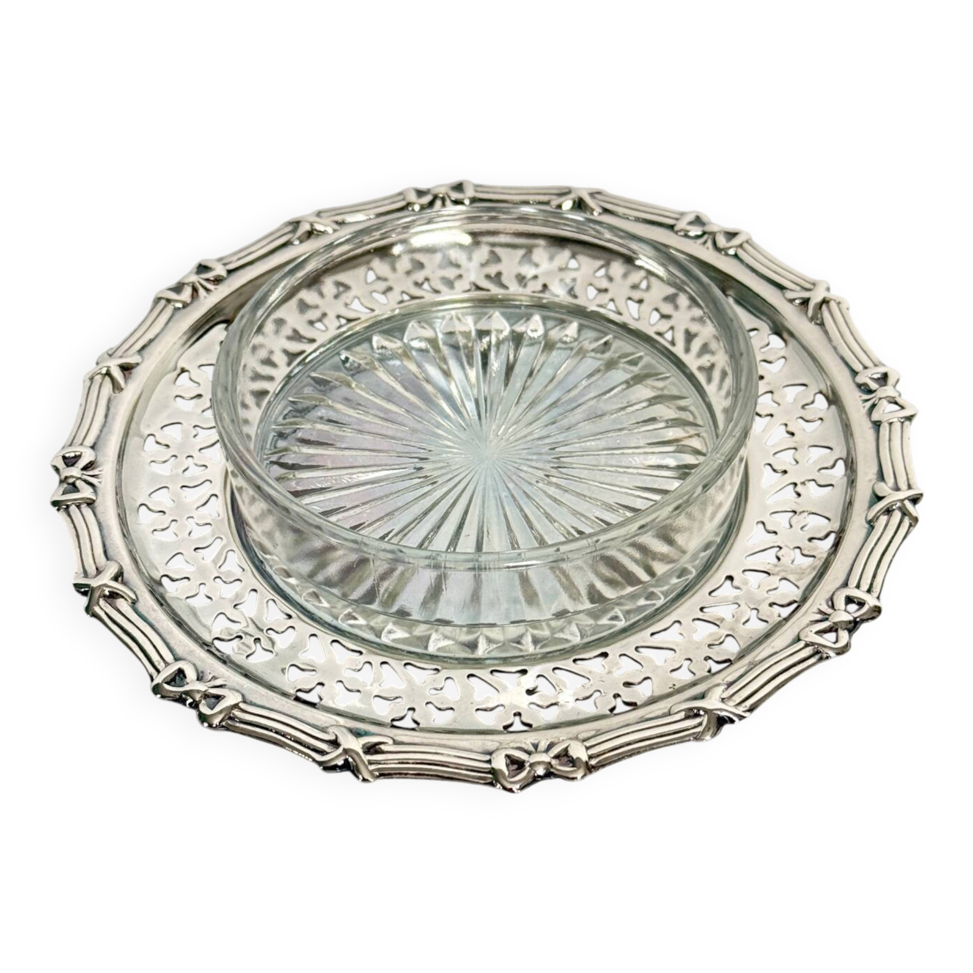 Silver metal ramekin with glass insert, ribbons, bows