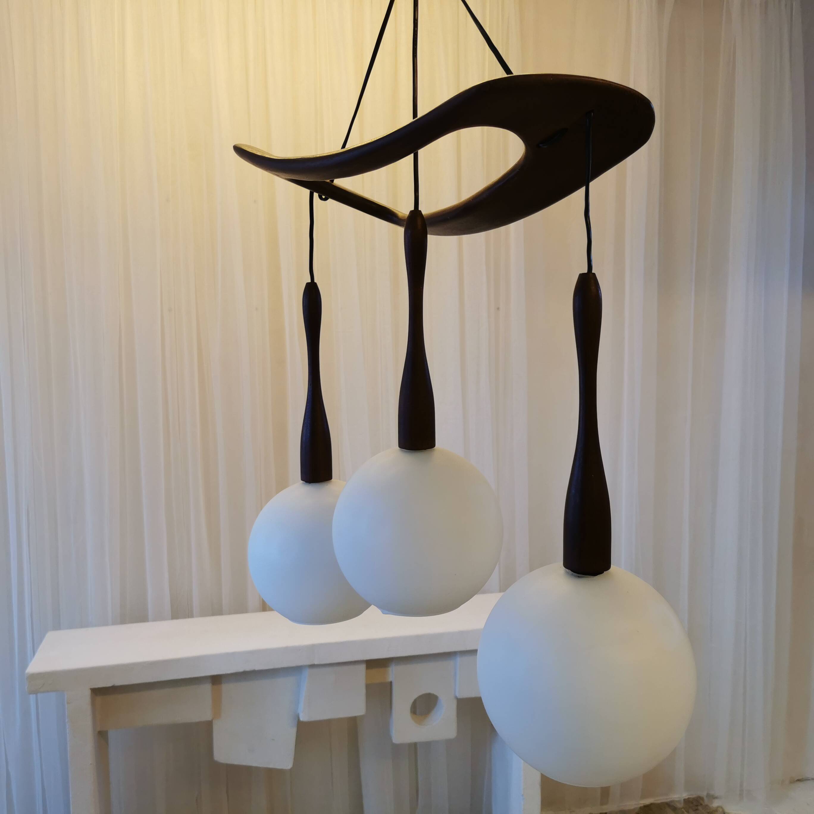 Teak and opaline chandelier