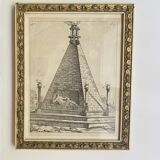 19th century engraving, Art Deco gold glazed frame