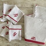 Lot de nappe ancienne et 6 serviettes  brodés SE - 140x125cm - coton