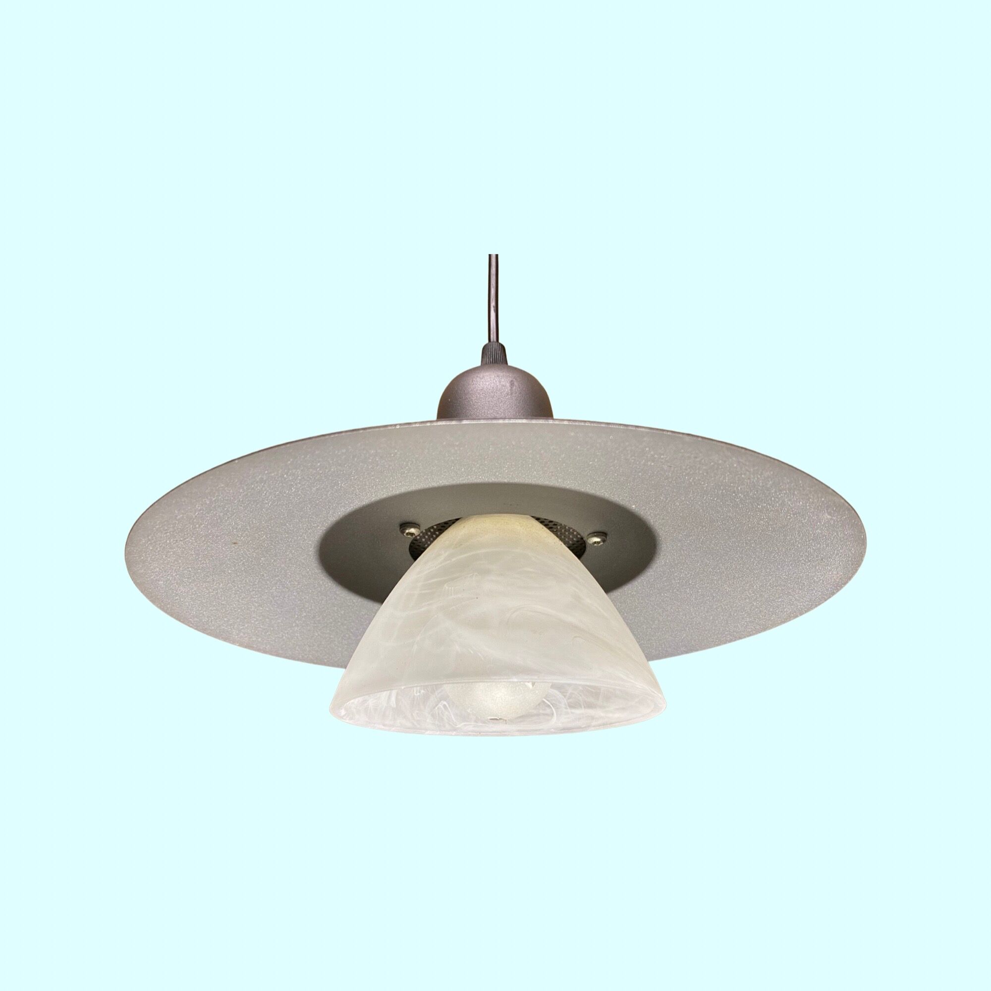 Vintage Metal/Glass Hanging Light | Mid-Century Grey Pendant Lamp With Glass Shade