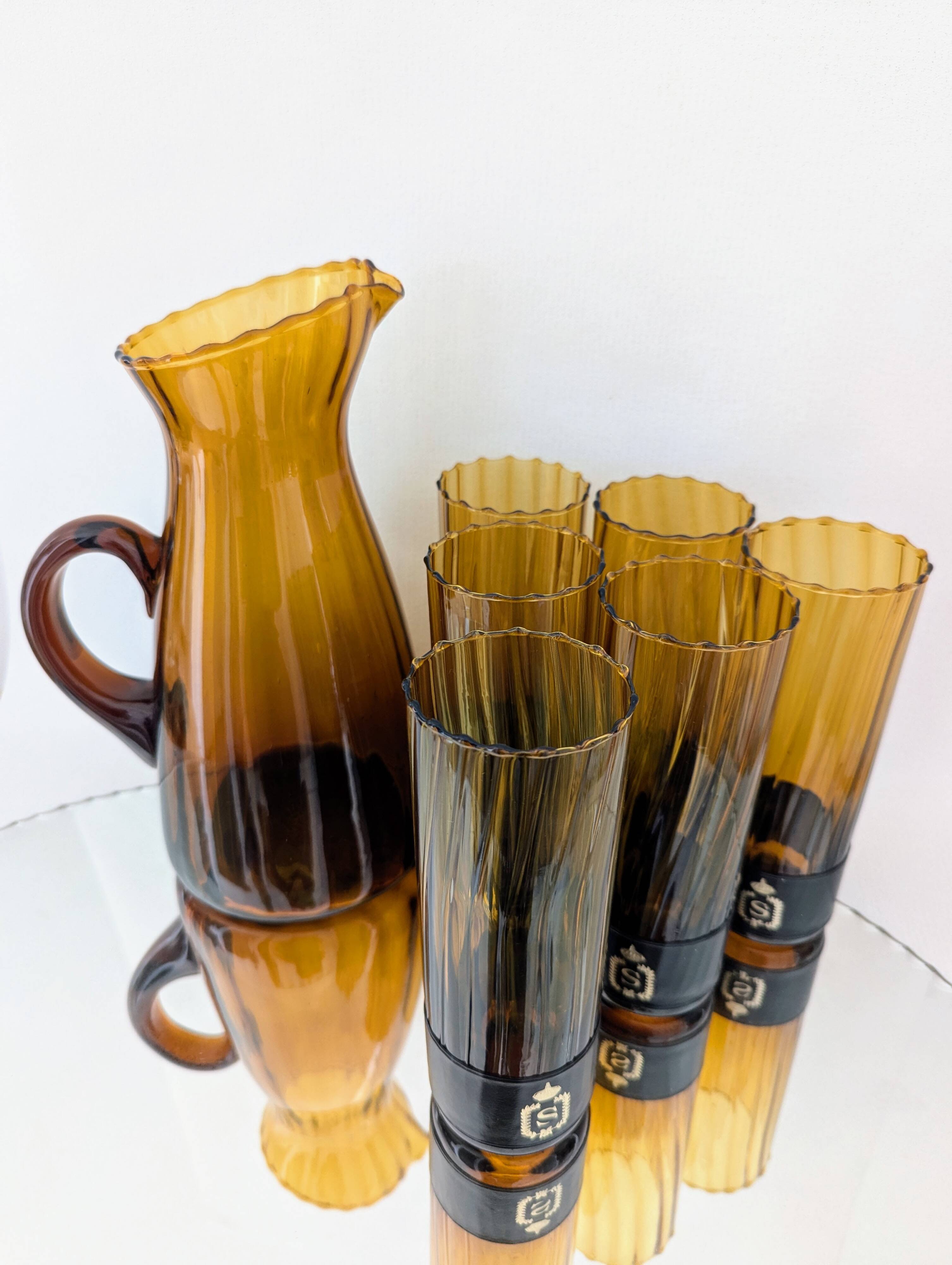 Amber blown glass orangeade set