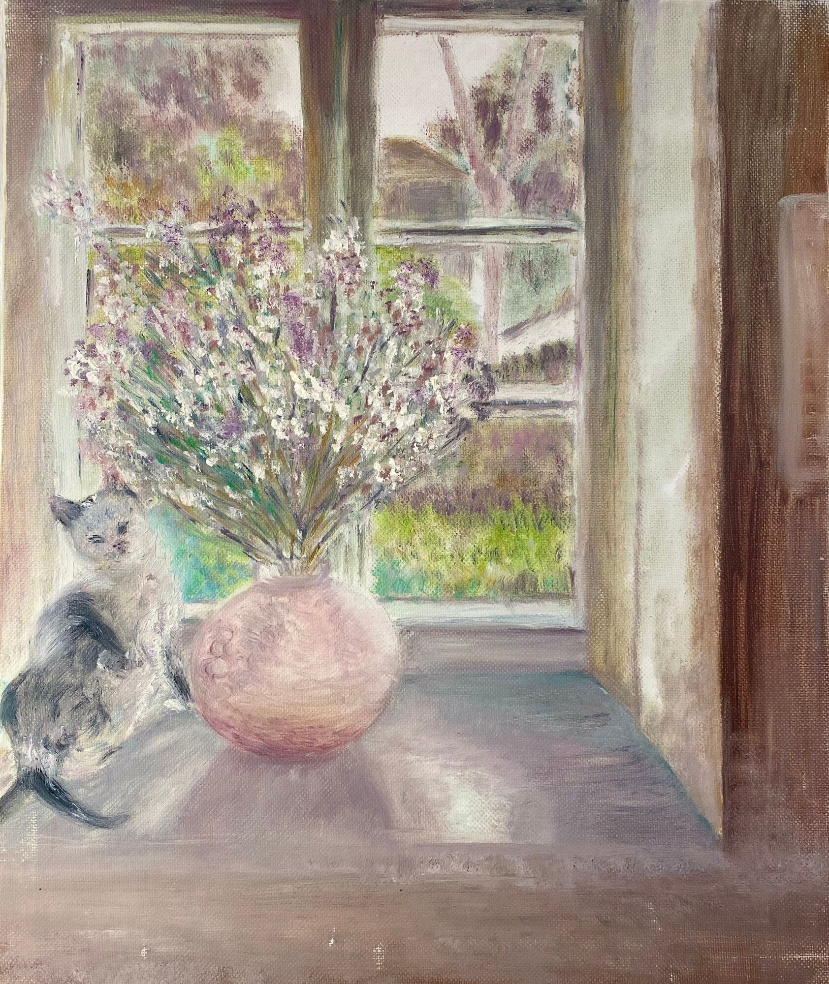 Old painting, still life with bouquet of flower and cat 80s