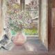 Old painting, still life with bouquet of flower and cat 80s