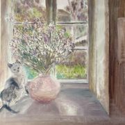 Old painting, still life with bouquet of flower and cat 80s