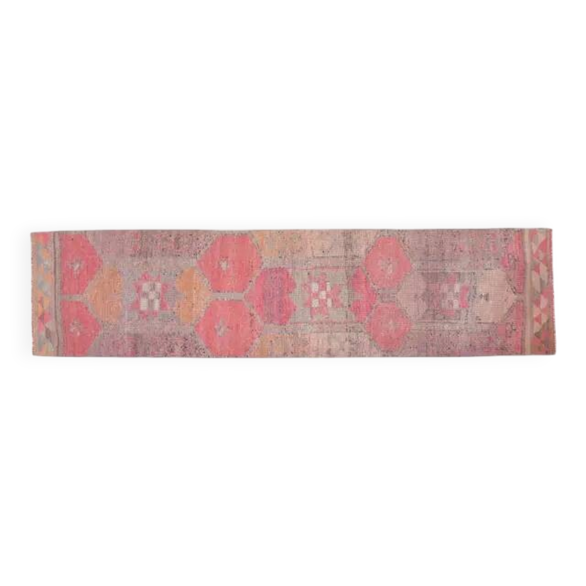 1970s Vintage Turkish Oushak Handmade Wool Cotton Pink Runner Rug 90x365