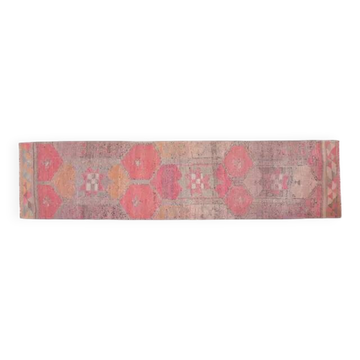 1970s Vintage Turkish Oushak Handmade Wool Cotton Pink Runner Rug 90x365