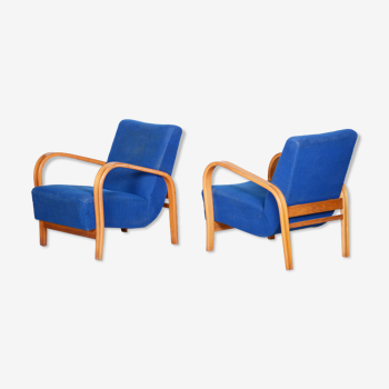 Blue art deco armchairs - 1930s czechia - original beech. 2 pieces