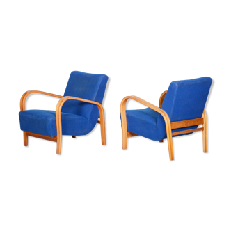 Blue art deco armchairs - 1930s czechia - original beech. 2 pieces