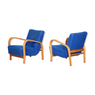 2 fauteuils art déco bleu tchéquie des années 1930 hêtre d’origine