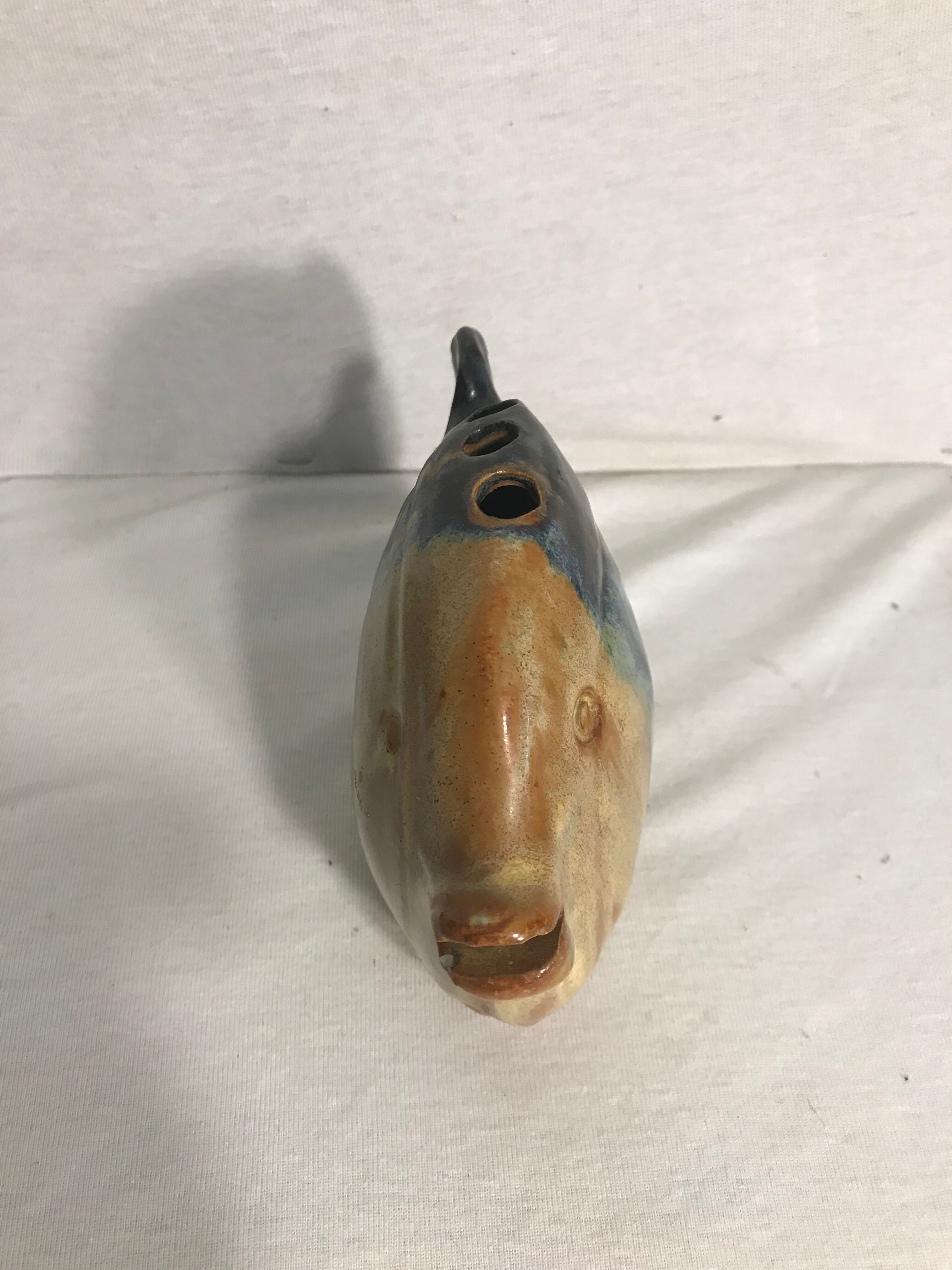 Old vase spades flowers fish ceramic beige & blue decoration vintage