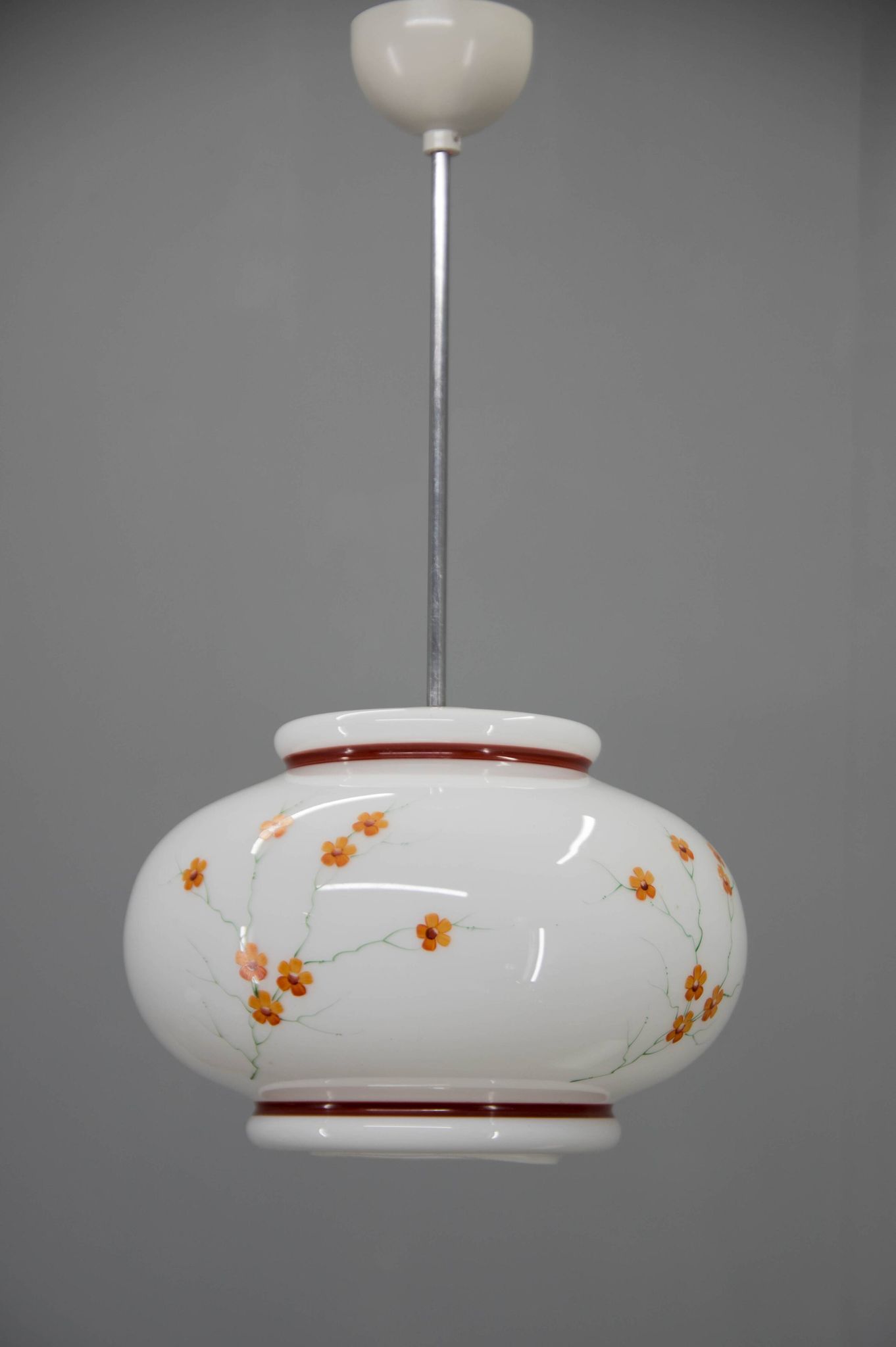 1970s Hand-Painted Milk Glass Pendant Light  Mid-Century Vintage