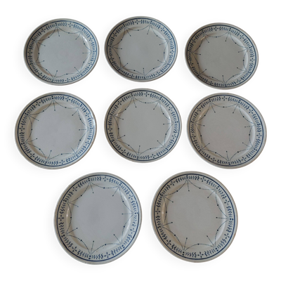 Série de huit assiettes plates terre de fer Géon Rouard décor Lille années