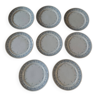 Set of eight flat plates, ironstone, Géon Rouard, Lille decoration, years.