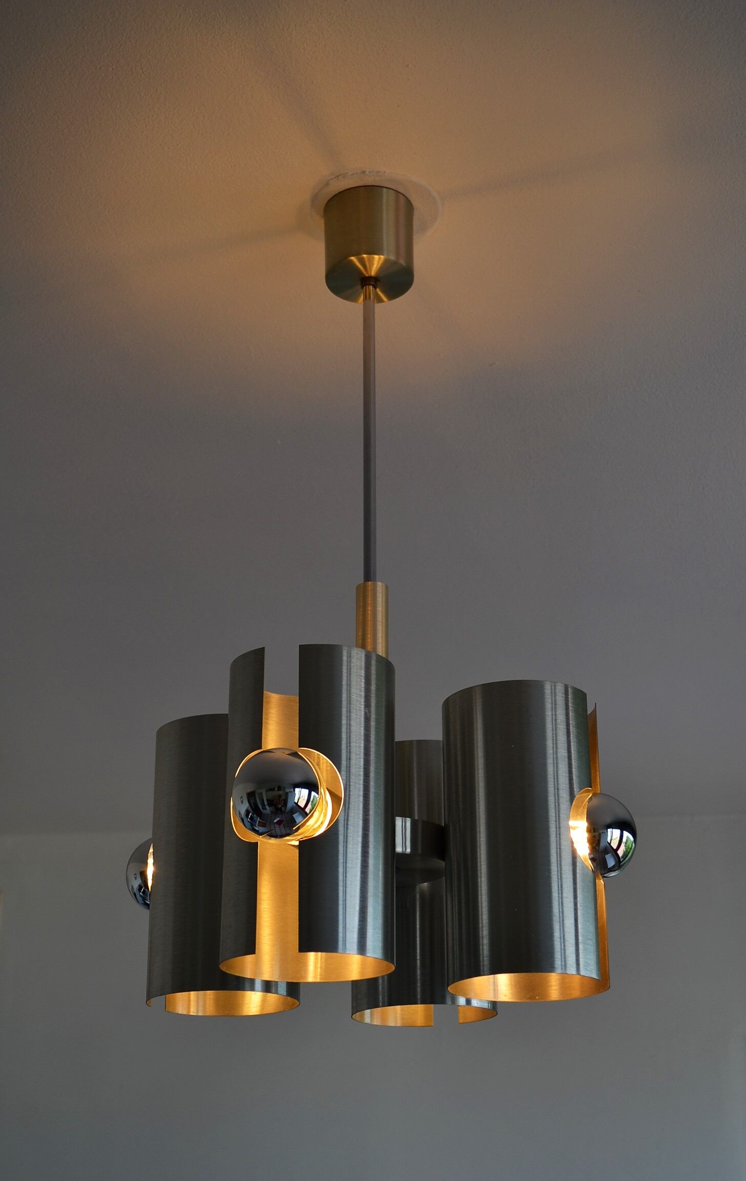 Hanging lamp 4 brushed metal lights space age 70s