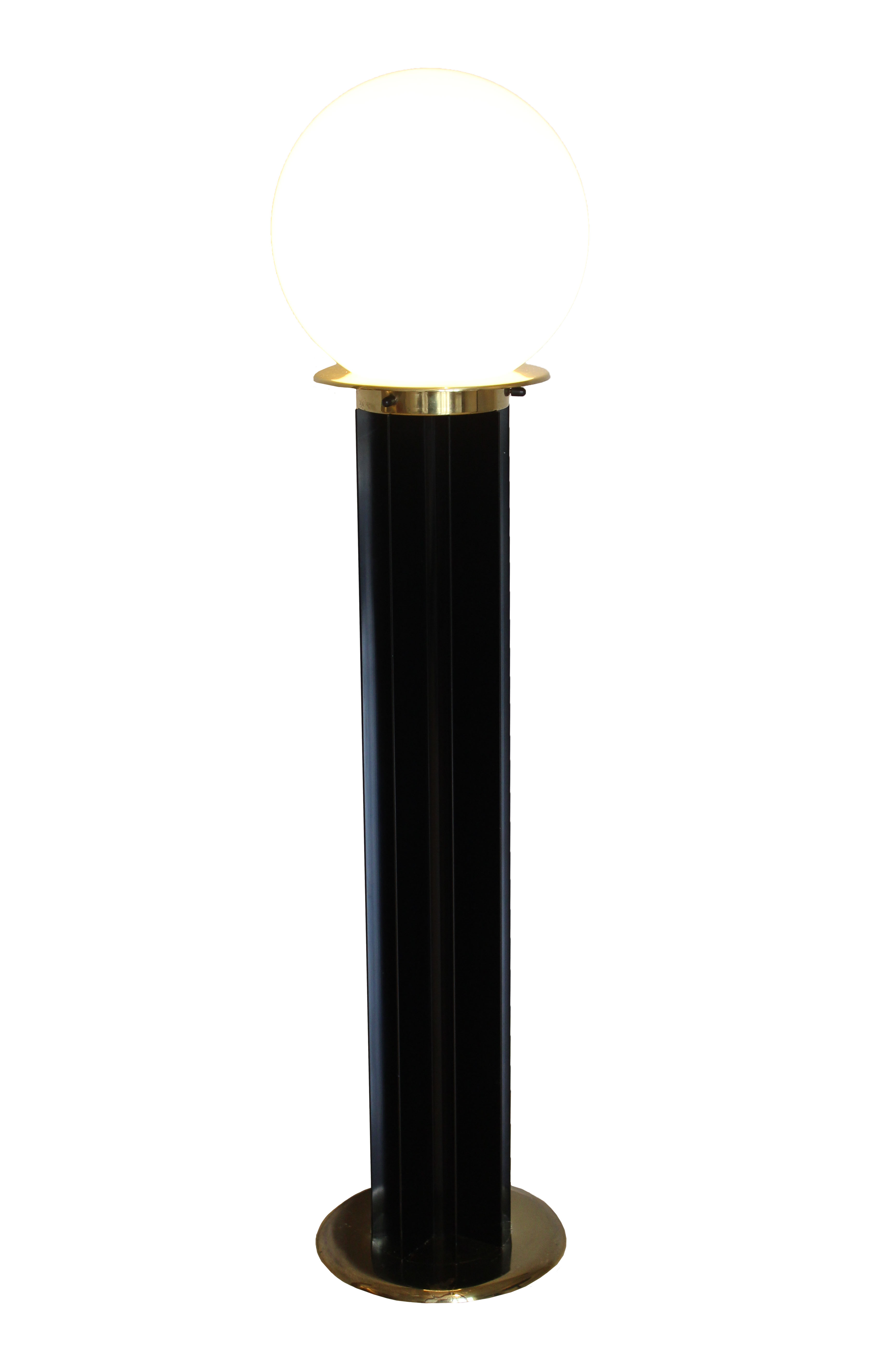 Floor lamp, Italy, 1970s, white glass ball, brass finishes, the star is in black lacquered i