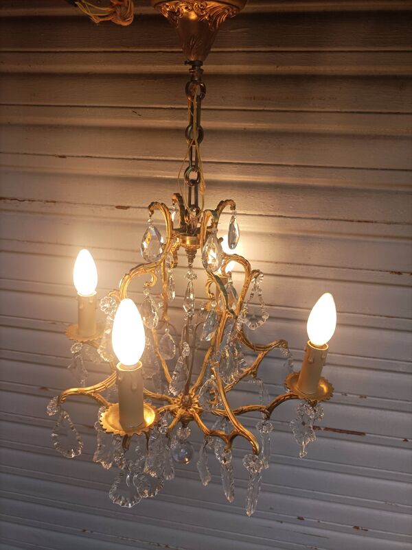 Rare ancien lustre cage en bronze doré et cristal 4 feux