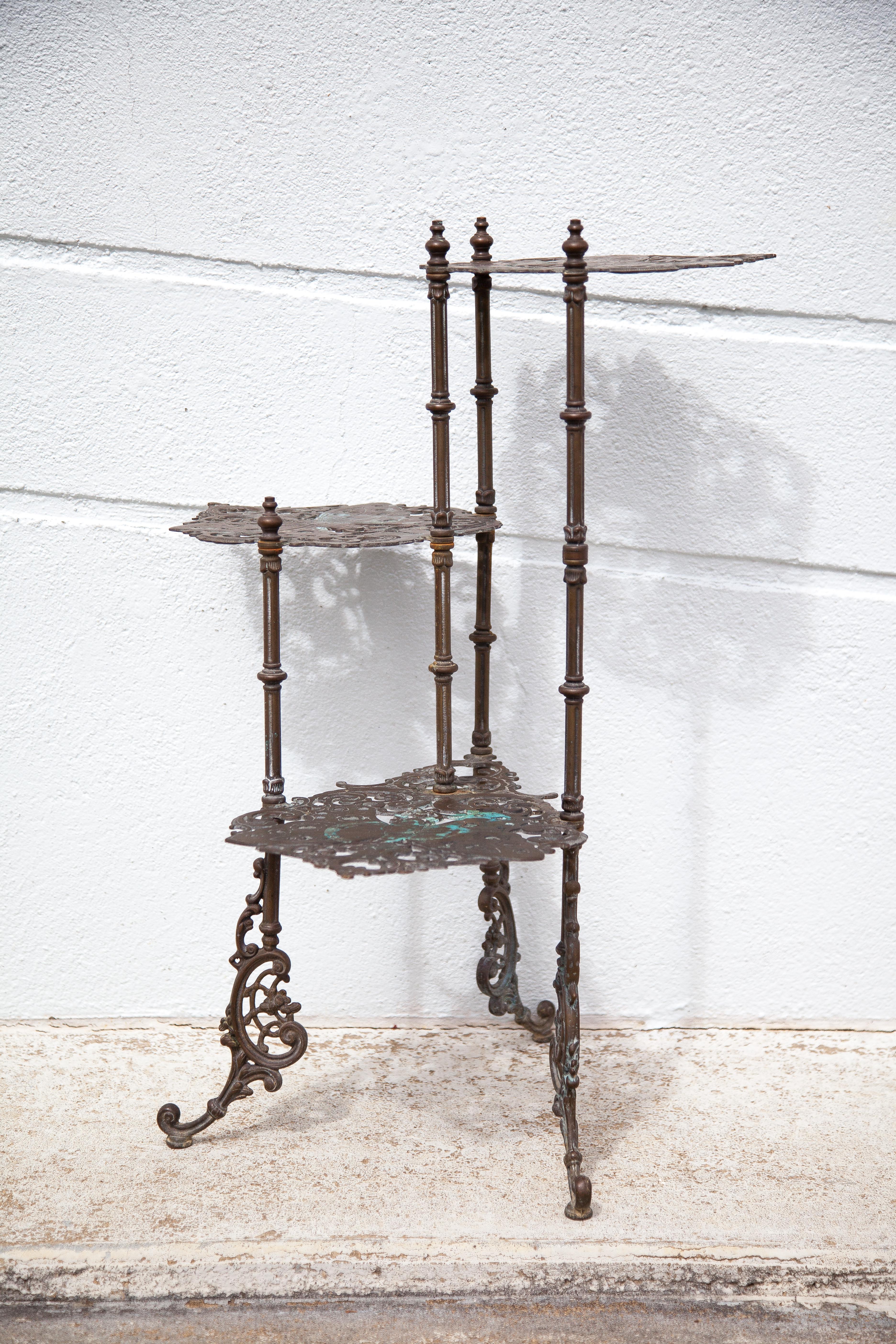 Old bronze harness 3 levels, bronze plant holder, butterfly patterns, planter, patio
