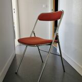 4 red and chrome folding chairs, Plichaise by Souvignet, France, 1970