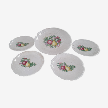 Dessert service 5 pieces in beige porcelain decoration foliage in relief and fruits