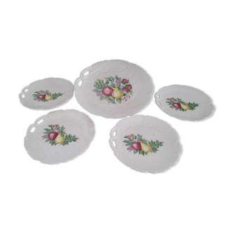 Dessert service 5 pieces in beige porcelain decoration foliage in relief and fruits